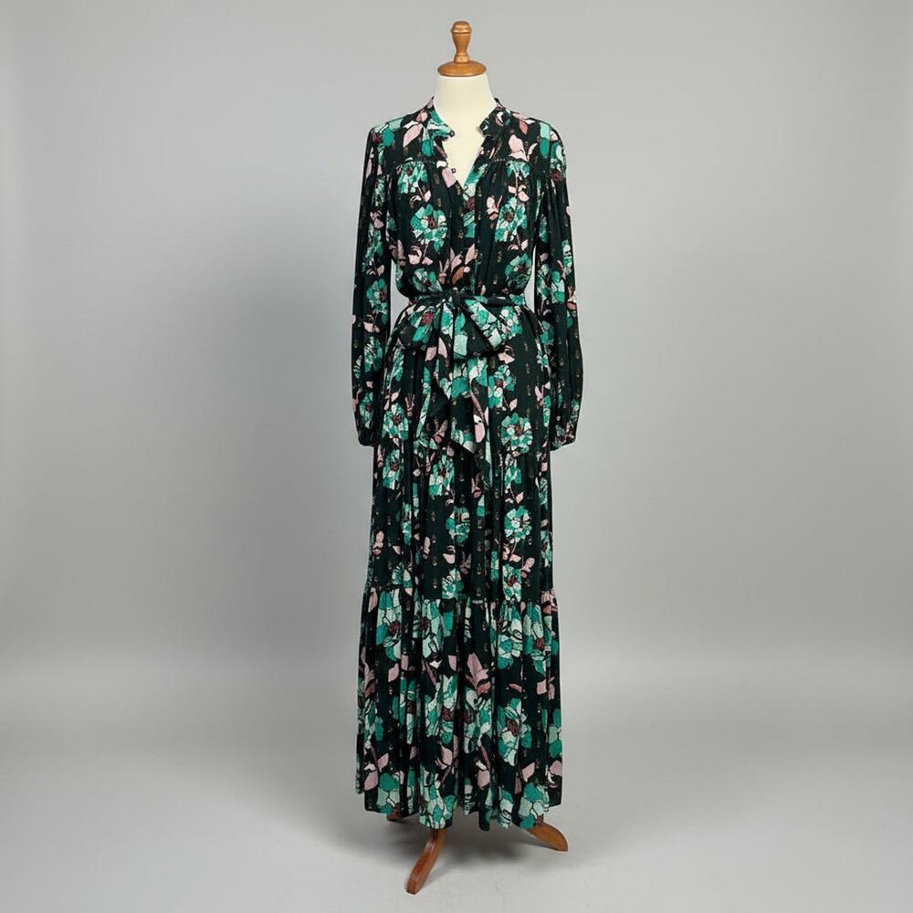 Alivia evergreen, orchid, and gold floral maxi dress, size XS